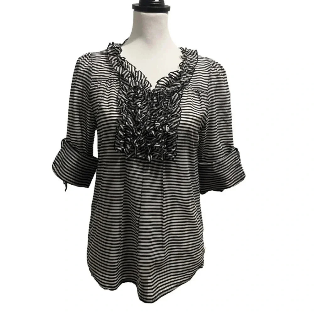 Eva Franco Anthropologie striped sheer blouse. Ruffle neck, 3/4 sleeve. Size 2